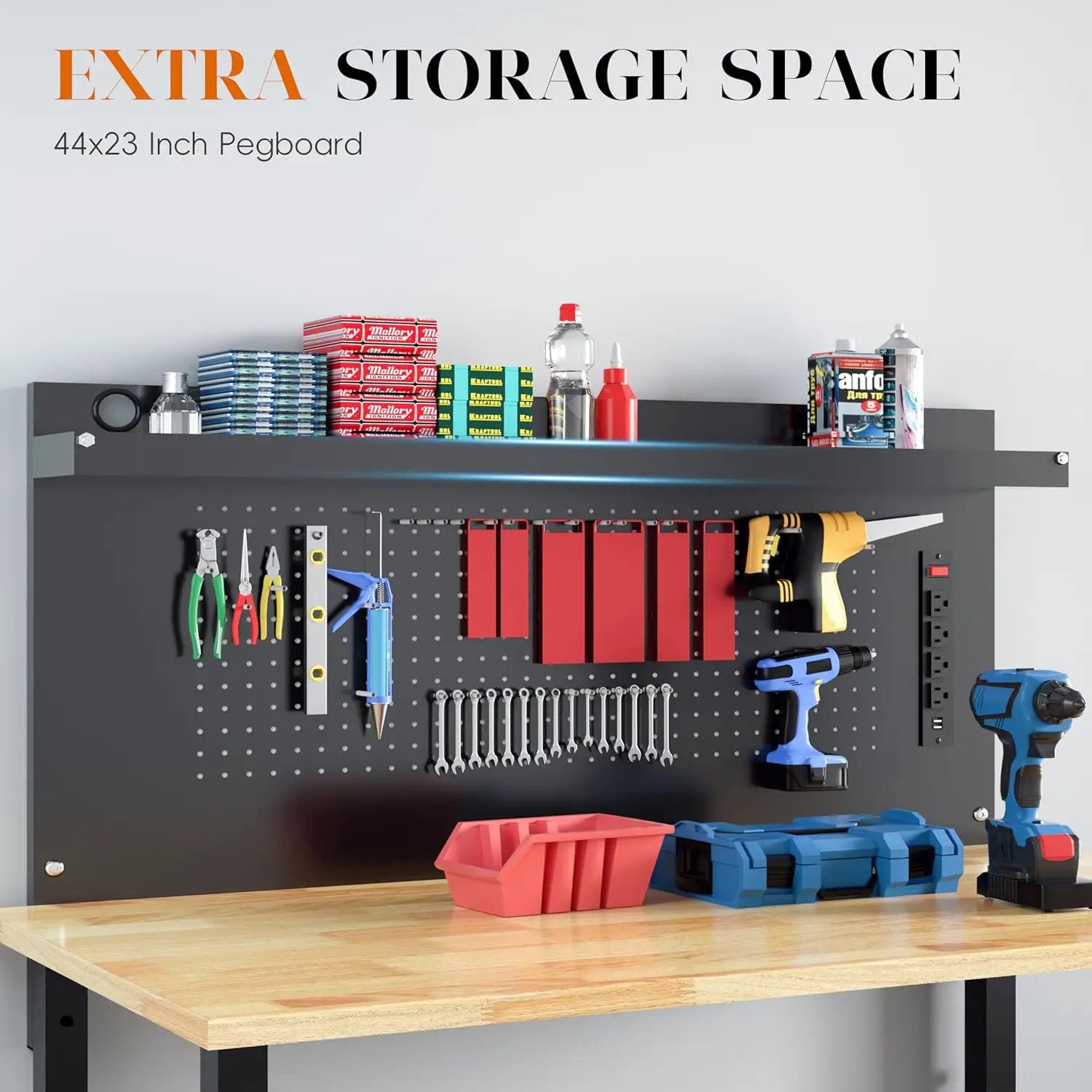 60" Heavy Duty Adjustable Workbench with Large Pegboard& Partition, Adjustable Work Table with Power Outlets & Lockable Wheels, Rubber Wood Workstation for Garage, Workshop, Office, Home, Commercial by GreenHaven Gardens