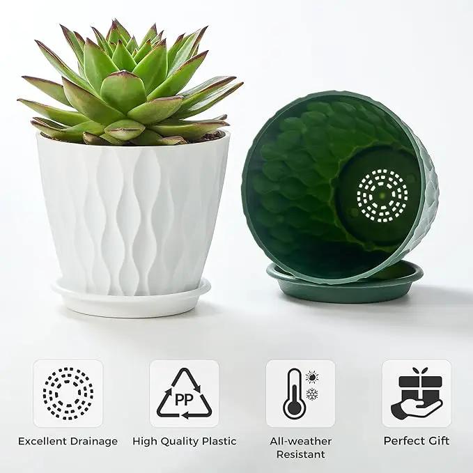 FaithLand 6-Pack 6-Inch Plastic Plant Pots with Saucers | Thickened PP Material, Modern Wave Texture, Enhanced Drainage for Indoor/Outdoor Garden Plants | Tricolor Value Set by GreenHaven Gardens