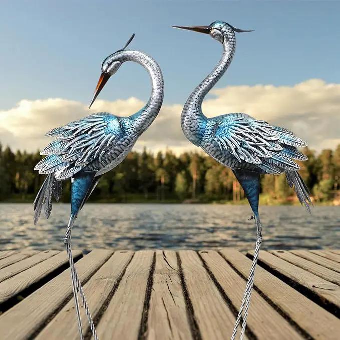 Crane Decor Statues, Blue Heron Garden Statues Metal Yard Art Outdoor Decoy, Garden Sculptures & Statues for Yard/Lawn/Pond/Outdoor Decoration, Set of 2 by GreenHaven Gardens