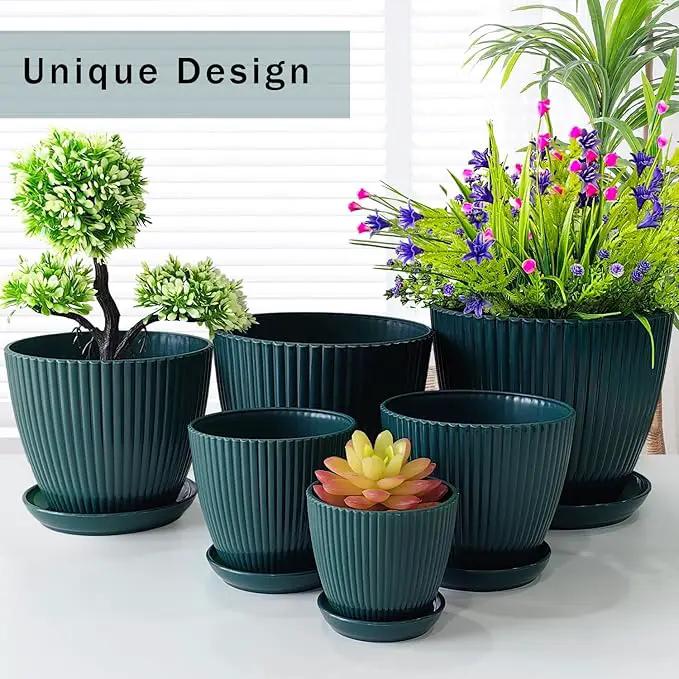 Plant Planters with Drainage Holes and Trays Pack of 6 Plant Pots Indoor and Outdoor Flowers Pots Different Size Plastic Pots, Dark Green by GreenHaven Gardens