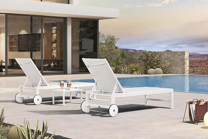 PURPLE LEAF Outdoor Chaise Lounge Set Staight Legs Adjustable Sunbathing Recliner with Side Table for Poolside Beach Outside Patio Aluminum Chaise Lounger Cream by GreenHaven Gardens