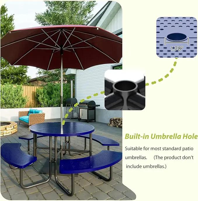 46'' Steel Round Picnic Table for Outdoors, Expanded, Lifetime Picnic Table with Umbrella Hole, Heavy Duty Sturdy Commercial Picnic Tables for Garden Courtyard BBQ, Blue by GreenHaven Gardens