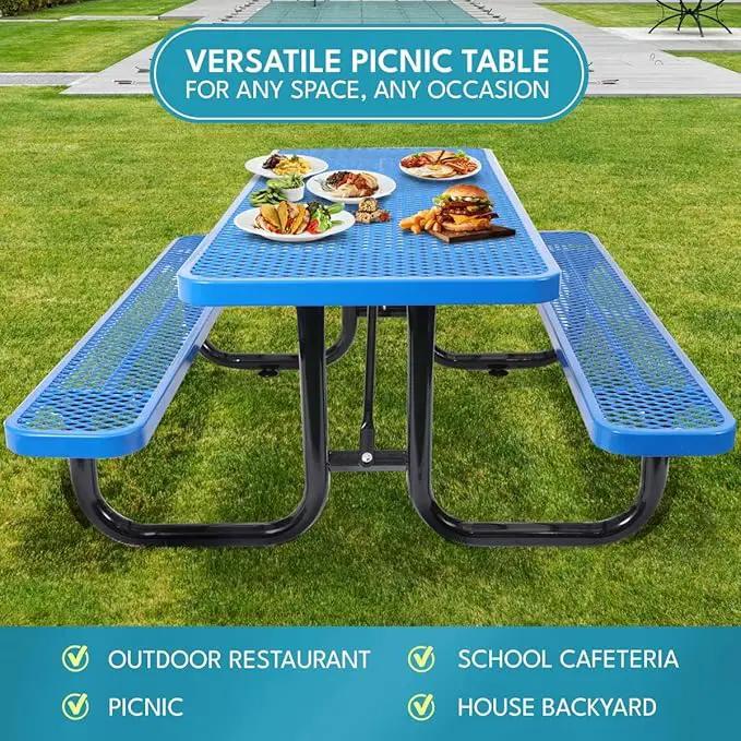 6 ft. Rectangular Outdoor Steel Picnic Table with Umbrella Pole, Heavy-Duty Weather-Resistant Dining Table for Patio, Backyard, and Garden, Rust-Resistant Finish, Blue by GreenHaven Gardens