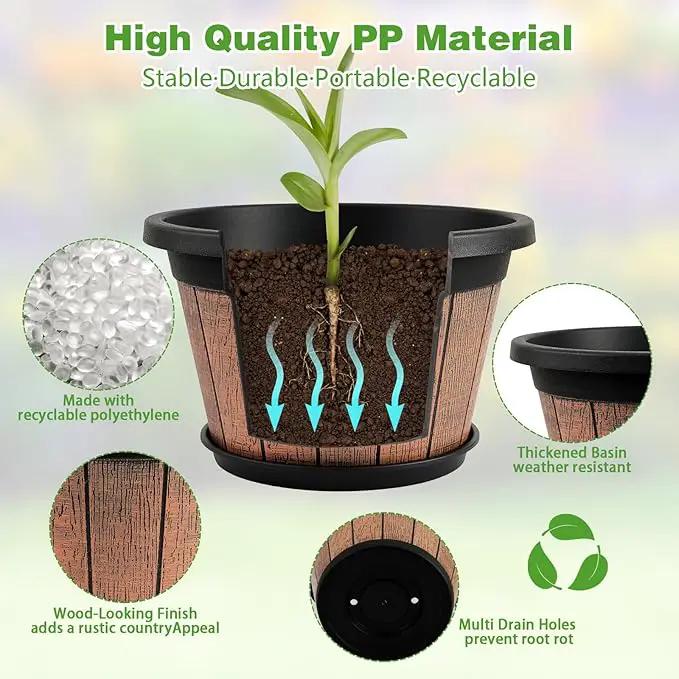 Quarut 4 Pack 10 inch Plant Pots,Upgrade Whiskey Barrel Planters with Drainage Holes & Saucer,Plastic Decoration Flower Pots Retro Design,Planters for Outdoor Indoor Garden Home Plants (Brown) by GreenHaven Gardens