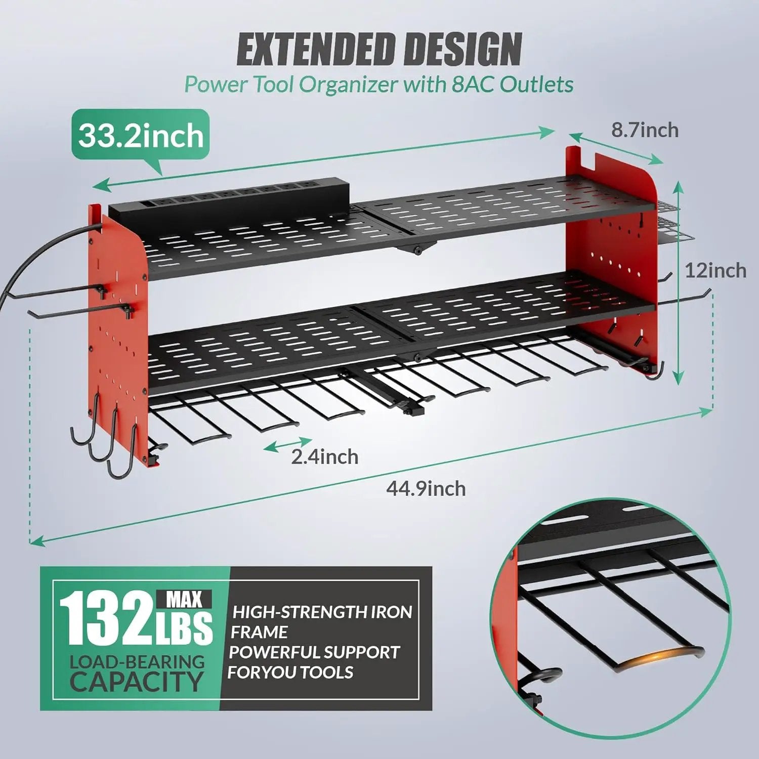 Suchtale Power Tool Organizer with Charging Station,33.2" Garage 8 Drill Holders Wall Mount,3 Layers Heavy Duty Metal Tool Shelf Built in 8 Outlets Power Strip, Gift for Men, Father, Red by GreenHaven Gardens
