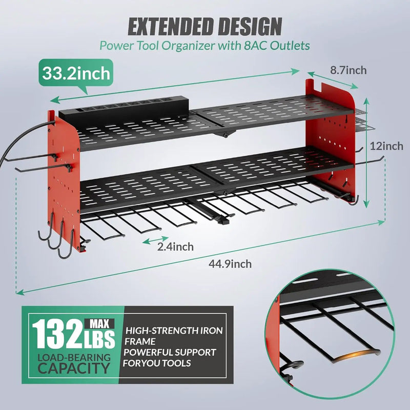 Suchtale Power Tool Organizer with Charging Station,33.2" Garage 8 Drill Holders Wall Mount,3 Layers Heavy Duty Metal Tool Shelf Built in 8 Outlets Power Strip, Gift for Men, Father, Red by GreenHaven Gardens
