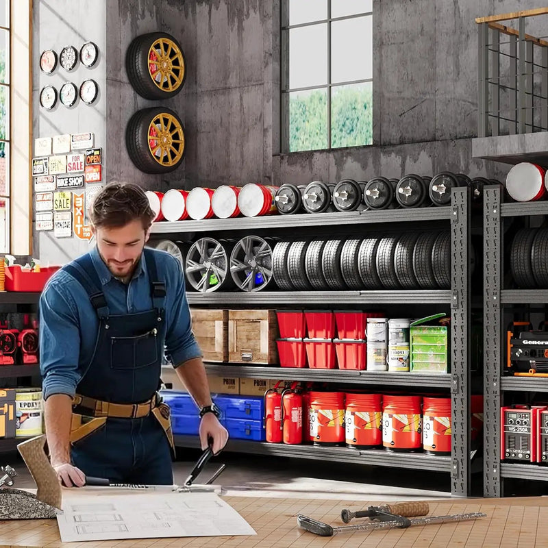 Set of 2 Storage Shelves, 4 Tier Heavy Duty Garage Shelving Units, 48” Wide Rack Shelf, 3000LBS Steel Industrial Shelving, 24” Deep Adjustable Standing Shelf for Warehouse 24" D x 48" W x 70" H Black by GreenHaven Gardens