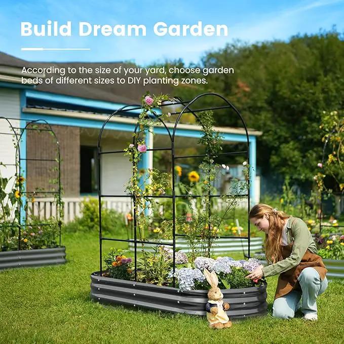 KING BIRD Raised Garden Bed with Arched Trellis Galvanized Planter Garden Box Outdoor for Gardening, Climbing Vegetables, Flowers 5.9x2.95x0.98 Ft, Dark Grey by GreenHaven Gardens