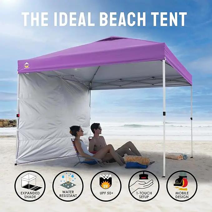 CROWN SHADES 10x10 Pop Up Canopy with 1 Side Wall - Beach Tent with One Push Setup - Outdoor Sun Shade for Events, Parties, Camping - Gazebo with STO-N-Go Cover Bag (Purple) by GreenHaven Gardens