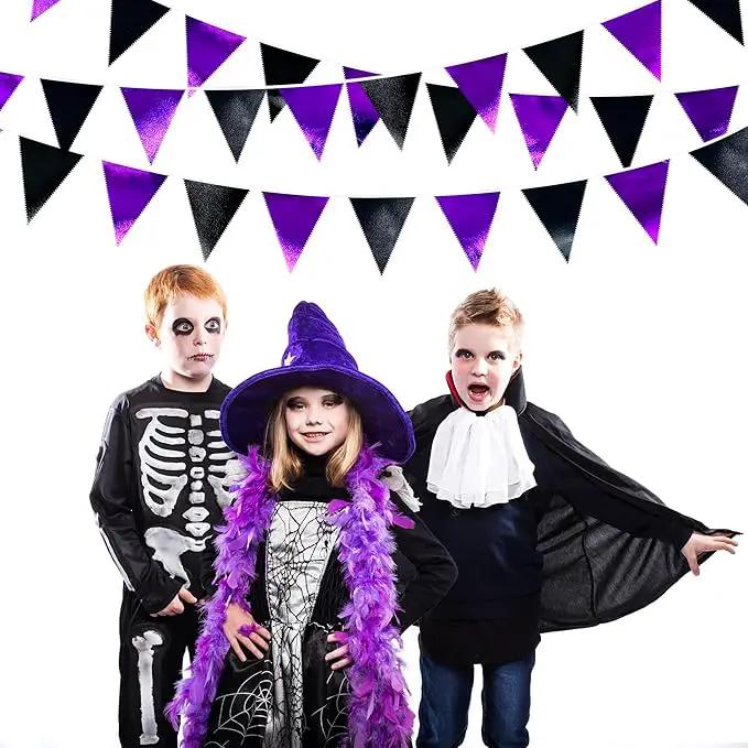Purple and Black Party Decorations Metallic Fabric Triangle Pennant Banner Flag Bunting Garland for Graduations Birthday Retirement Wedding Baby Shower Bachelorette Halloween Outdoor Party Supplies by GreenHaven Gardens