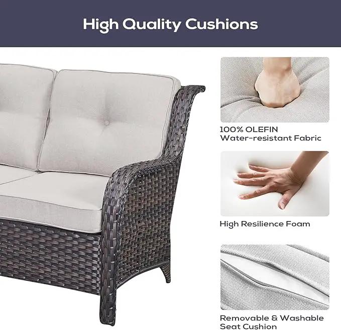 Outdoor Patio Furniture Set with Propane Fire Pit Table, 7 Pieces Wicker Patio Conversation Set with 2 Swivel Glider Rocker Chair Rattan Sofa Beige Cushion Perfect for Casual Gathering by GreenHaven Gardens