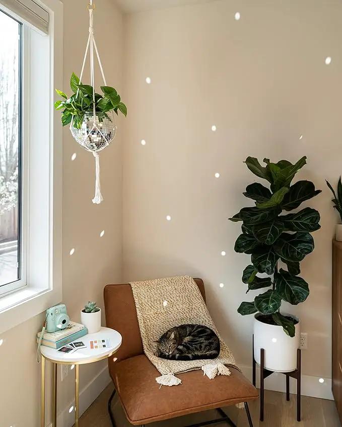 Hanging Disco Ball Planter 8" - with Acrylic Stand and Macrame Plant Hanger - Home Décor, Room Décor, Patio or Boho Décor, Mirror Disco Planter, Disco Decor (8" with Base) by GreenHaven Gardens