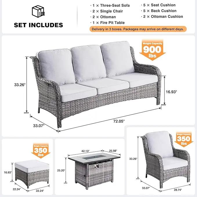 ovios 6 Pieces Patio Furniture Set with 42" Fire Pit Table, Outdoor Wicker Sofa with Ottomans, Comfy Cushions, High Back Couch Conversation Set, Grey Rattan, Grey by GreenHaven Gardens