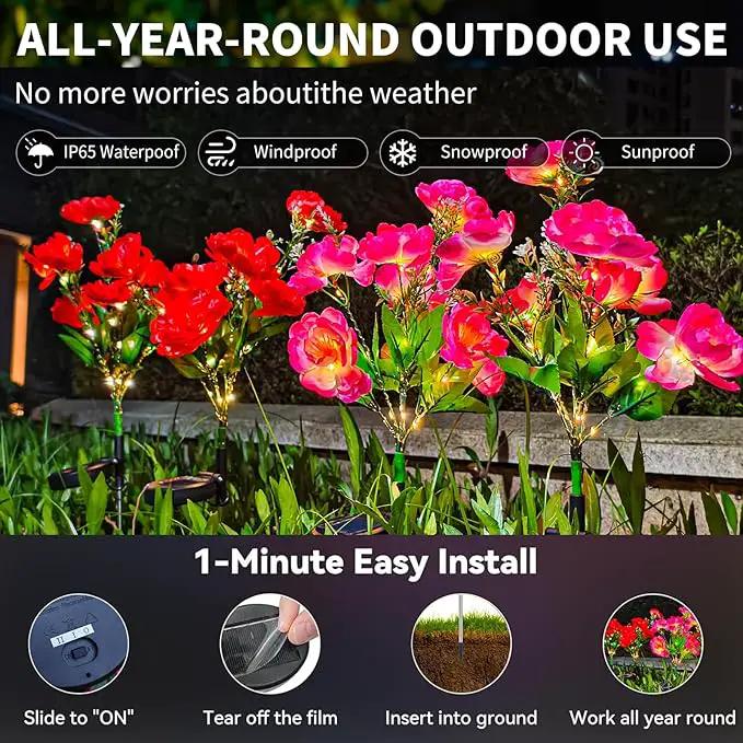 Neporal Solar Flowers Outdoor Waterproof Camellia，4PK 7-Stem Garden Solar Lights Decorative, 2 Decor Lighting Modes, Solar Powered Garden Decor, Solar Yard Decor by GreenHaven Gardens