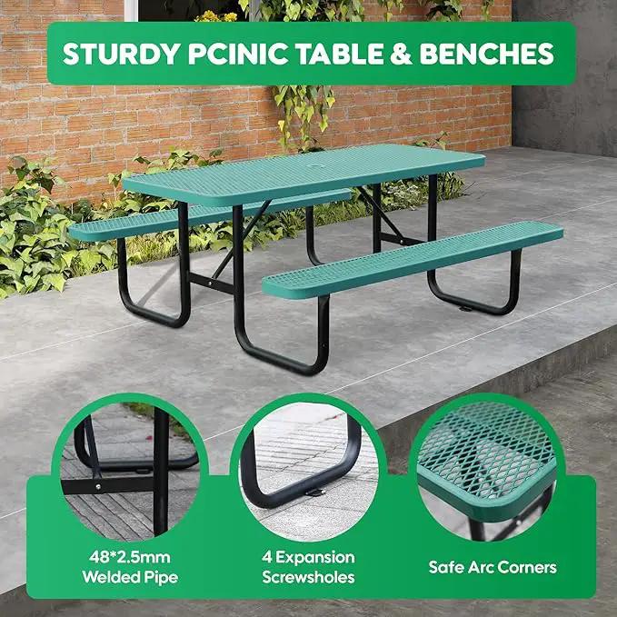 6FT Metal Picnic Tables for Outdoors, Commercial Rectangular Picnic Table and Bench Set for Outside, Patio, Garden, Backyard, Porch, Surface Mount, Green by GreenHaven Gardens