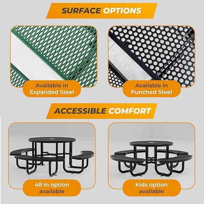 Metal Picnic Tables for Outdoors with Umbrella Hole - Coated Steel Heavy Duty Commercial Grade Table with Adjustable Seats (Black, 38 in, Round, Expanded Steel) by GreenHaven Gardens