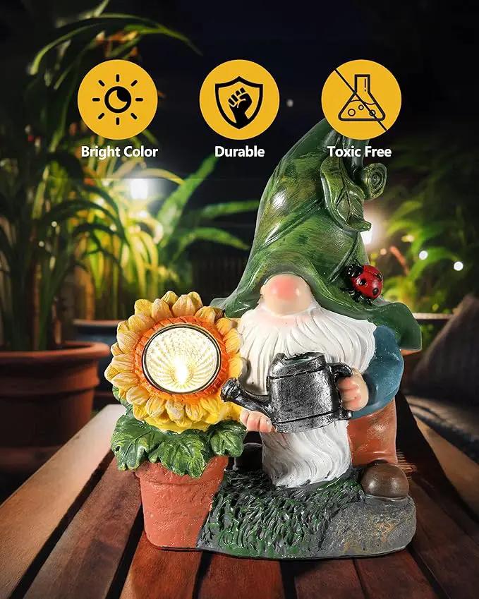 Solar-Powered Garden Gnome Watering Can Sunflower - 12 in Garden Decor Gnomes Decorations for Yard Lawn Ornaments Outside Statue Figurine LED Lights (Gnome) by GreenHaven Gardens