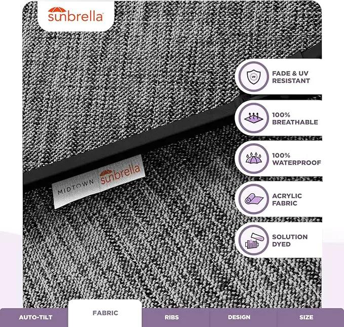 Midtown Umbrellas Sunbrella Umbrella 8 Feet Outdoor Umbrella With Sunbrella Cast Slate Acrylic Fabric - Auto-Tilt Aluminum Frame Patio Umbrella For Backyard, Deck, Garden, Pool - Black Pole by GreenHaven Gardens