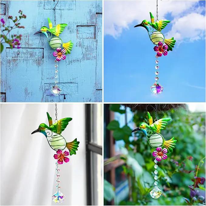 Stained Metal Hummingbird Suncatcher, Window Crystal Prisms Sun Catcher Hanging Ornament Rainbow Maker Bird Garden Wall Art Fence Decorations by GreenHaven Gardens