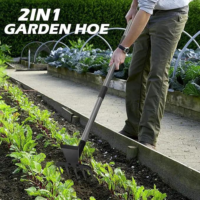 Walensee 2 in 1 Hoe Garden Tool, 63 Inch Garden Hoe Cultivator and 5-Tines Rake with 37-63 Inch Adjustable Long Handle, Weeding Tools Hand Tiller for Yard Lawn Flower Beds Planting Gardening Digging by GreenHaven Gardens