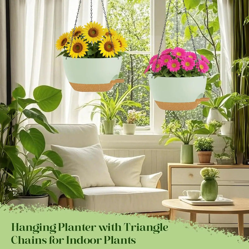 10 Inch Hanging Planters with Chains 2 Pack Self Watering Green Brown Plastic Hanging Pots for Indoor Outdoor Plants, Garden Porch Home Decor (Green Brown) by GreenHaven Gardens