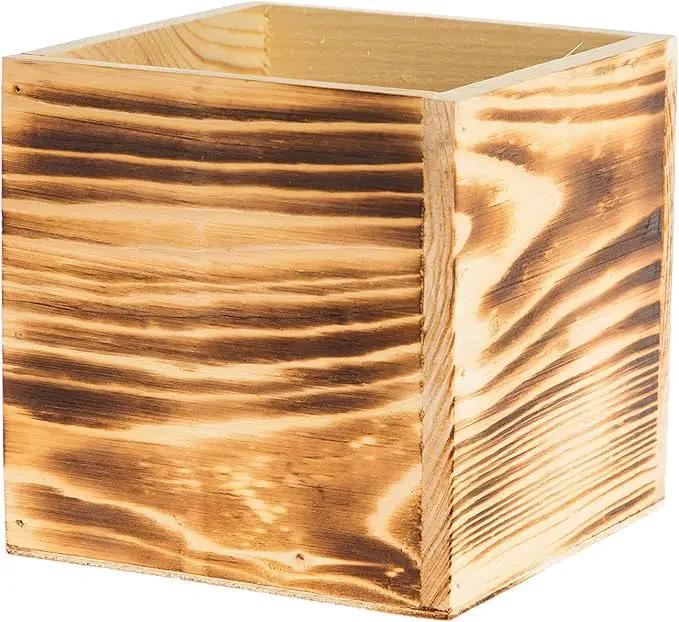 Wooden Planter Box, Rustic Burned Wood/Whitewash with Plastic Liner l Garden Decor l Restaurant and Wedding Decorations l Wood Box (5x5 Set of 4, Burned Wood) by GreenHaven Gardens