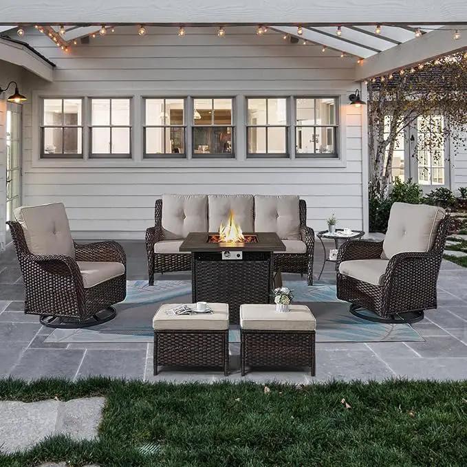 Outdoor Patio Furniture Set with Propane Fire Pit Table, 7 Pieces Wicker Patio Conversation Set with 2 Swivel Glider Rocker Chair Rattan Sofa Beige Cushion Perfect for Casual Gathering by GreenHaven Gardens
