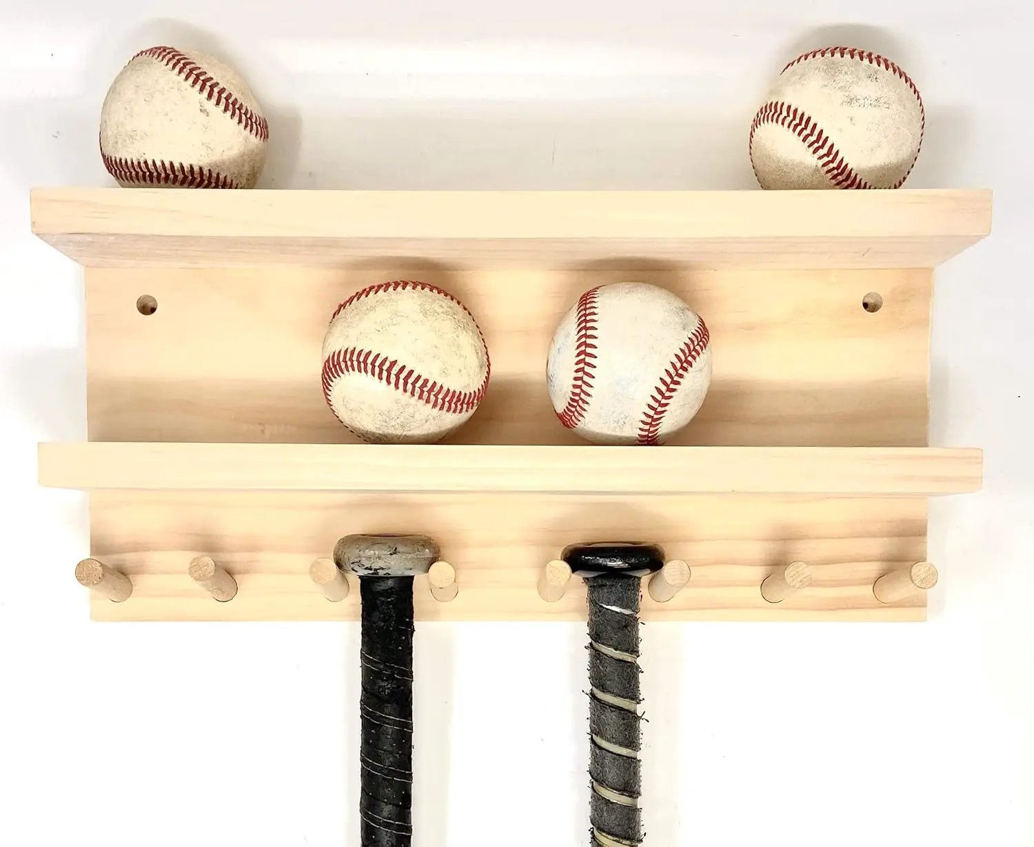 Full Size Baseball Bat Rack Display Case 4-7 Bats 8 Balls Natural Finish Wall Mount by GreenHaven Gardens