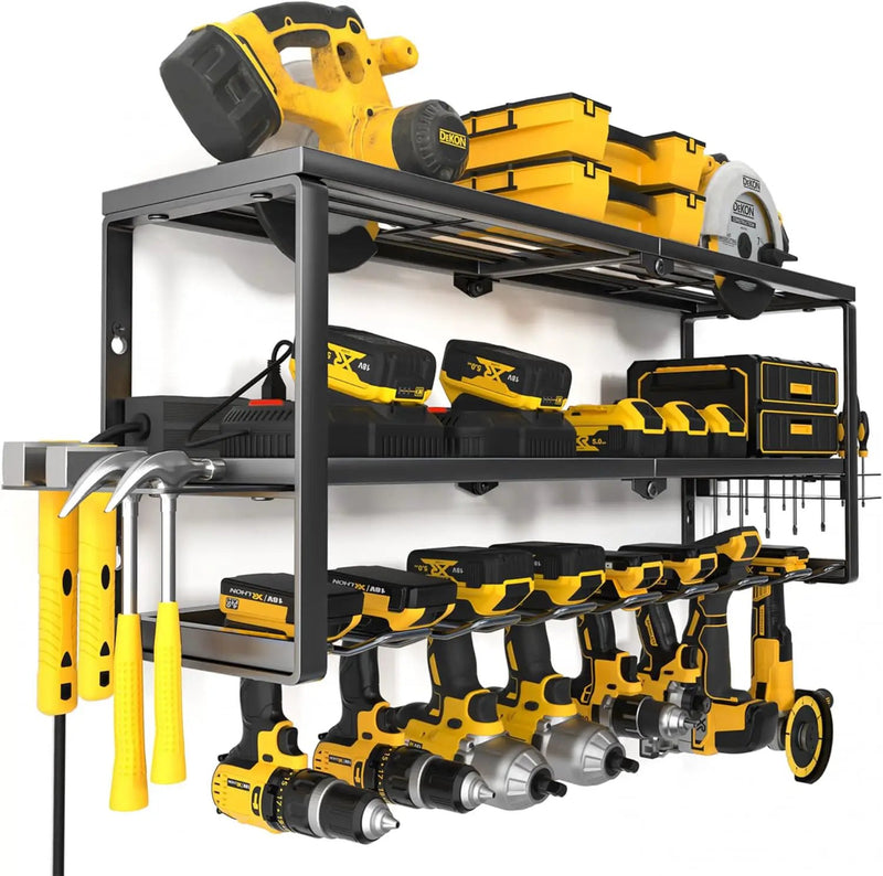 YYR Heavy Duty Power Tool Organizer with Charging Station, Cordless Drill Hanger Storage Rack, Battery Tools Holder Wall Mount Shelf for Garage - 32 Inch Equipped with Surge Protection Power Strip by GreenHaven Gardens