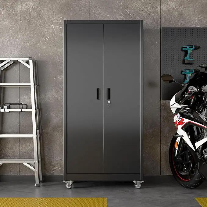 71" H×32" W×16" D Garage Storage Cabinet with Wheels, Locking Metal Storage Cabinet with 5 Adjustable Shelves, 4 Hooks and Pegboard for Garage, Home Office, Kitchen, Black, Assembly Required by GreenHaven Gardens