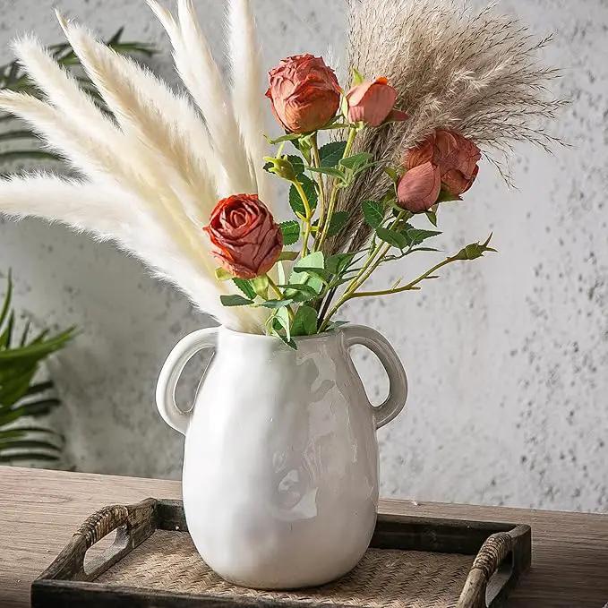 Kimdio White Ceramic Vase with 2 Handles, Modern Farmhouse Vases for Home Decor, Rustic Pottery Vase, Decorative Terracotta Flower Vase, Clay Small Vase, Centerpieces for Dining Table by GreenHaven Gardens