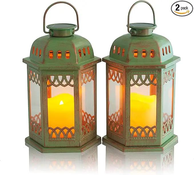 SteadyDoggie Solar Lanterns 2 Pack Green - Hanging Solar Lights with Flickering Candle LED - Retro Ornate Hanging Solar Lantern with Handle by GreenHaven Gardens