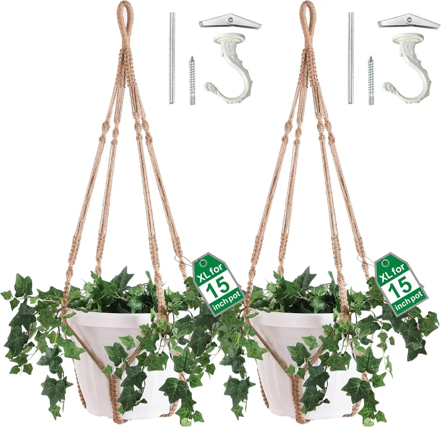 2 Pack Giant XXL 55 Inches Macrame Planter Hanger Large for 15 inch Pot + Swag Hook | Extra Large Hanging Planter for Indoor Plants | No Pot/Plant Included (XXL Jute) by GreenHaven Gardens