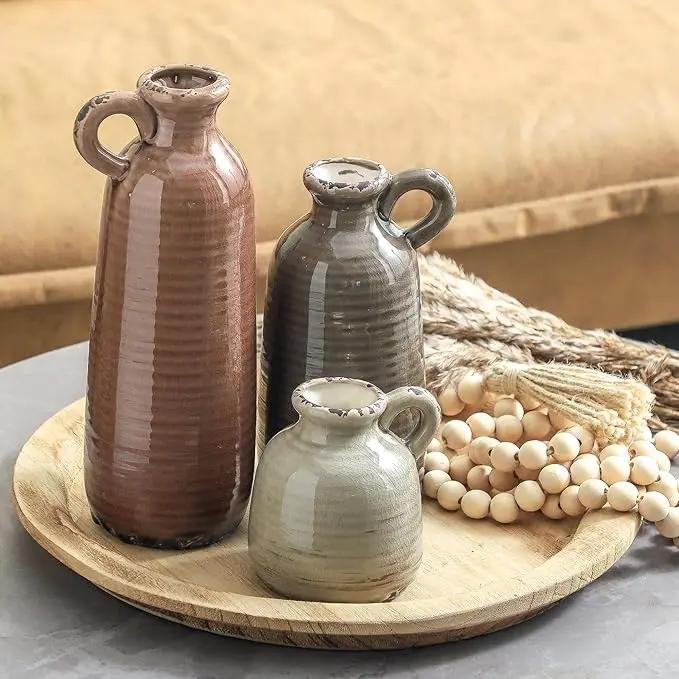 Ceramic Vases Set of 3, Neutral Rustic Farmhouse Vase with Handle, Decorative Flower Vases Home Decor Modern Boho Pampass Vase for Table Mantel Entryway Shelf Living Room Kitchen Bathroom - Brown by GreenHaven Gardens