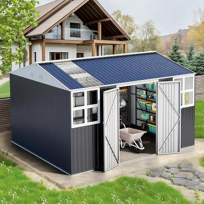 12x10 FT Metal Sheds & Outdoor Storage: Heavy Duty Garden Sheds with Dual Transparent Panels, 2x4-Pane Windows & Hinged Double Doors, Weatherproof Tool Shed for Backyard, Garden, Patio, Grey/White by GreenHaven Gardens