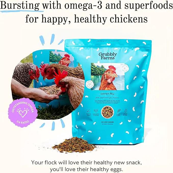 Grubbly Farms Omega Mix Chicken Treats for Laying Hens - Superfood and Omega-Rich Chicken Feed Supplement to Support Egg Production, Strong Eggshells and Nutritious Yolks - 5LB by GreenHaven Gardens