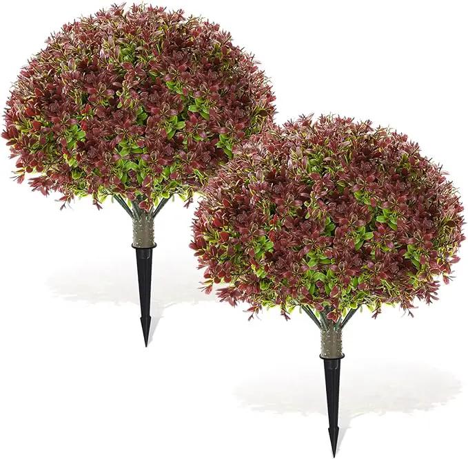 Yunlly 2 Pack 18" Artificial Boxwood Ball Bush Topiary Trees Fake Outdoor Plants, Realistic UV Resistance Faux Shrubs with Spike Greenery Topiary for Front Porch Garden Yard Patio Indoor (Dark Red) by GreenHaven Gardens