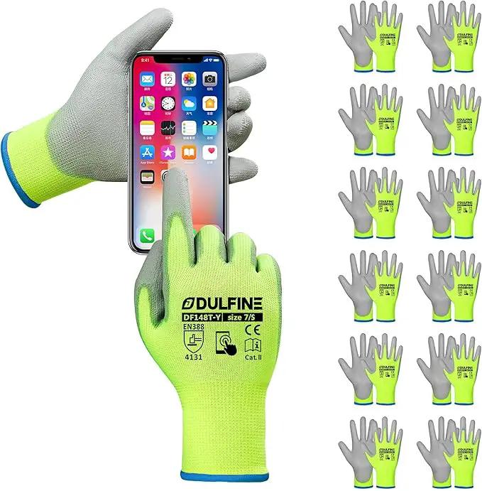 Safety Work Gloves PU Coated for Men and Women-12 Pairs,Hi-Vis Yellow Seamless Knit Glove with Two Fingers Touchscreen,Ideal for General Duty Work (Small) by GreenHaven Gardens