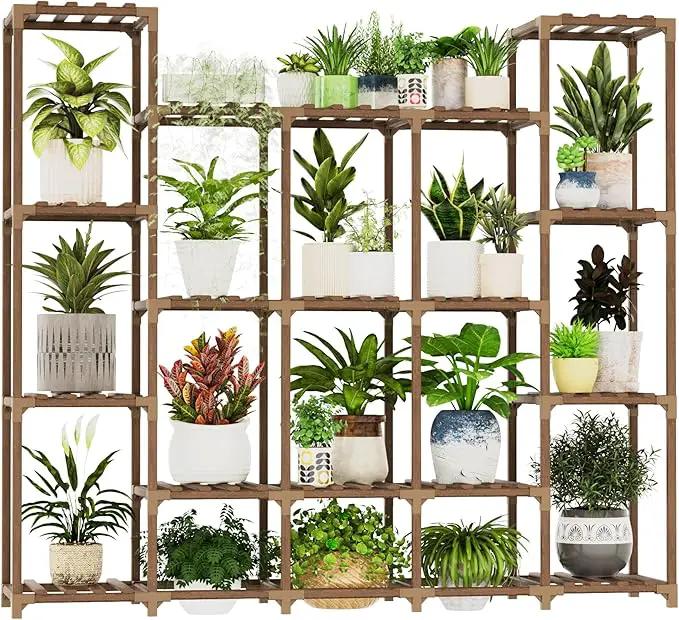 Large Plant Shelf 17 Pots Plant Stand Indoor Outdoor Tall Plant Rack Wood for Indoor Plants Multiple Plant Holder for Patio Balcony Garden Flower Stand Load-Bearing 600 LBS by GreenHaven Gardens