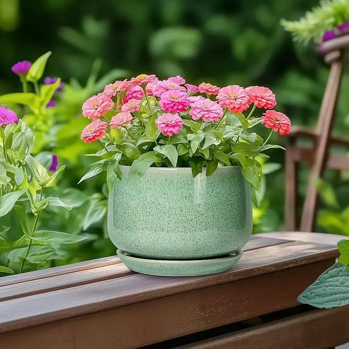 G EPGardening Ceramic Pots for Plants - 6 Inch Plant Pot with Drainage Hole and Saucer, Modern Ceramic Planter for Indoor Outdoor, Round Flower Planter, Gifts for Plants Lovers, Home Decor, Green by GreenHaven Gardens