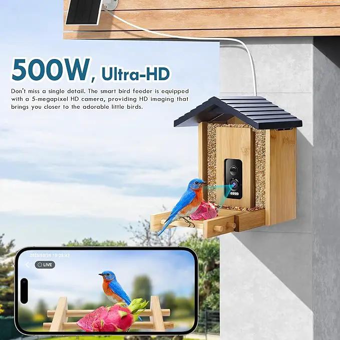 Bird Feeder, 5MP Solar-Powered Smart Bird Feeder with Camera, AI Identifies Birds 10000+, 2.4GHz, Color Night Vision, Instant Notification, Easy to Use, 1.5L Birds Feeders for Outdoor, Yard by GreenHaven Gardens
