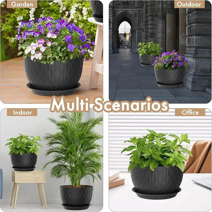 12 Inch Large Plant Pots for Indoor or Outdoor Plants, Wide Water Ripples Flower Pots with Drainage Holes & Saucer, Plastic Planters Set for Garden & Home Decor (Black) by GreenHaven Gardens