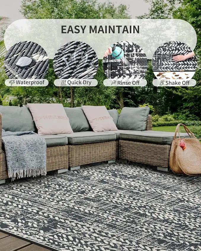 MontVoo Outdoor Rug Waterproof-Patio Rug Mat 5x8 Outdoor Carpet Reversible RV Camping Picnic Plastic Straw Rug Outside Outdoor Area Rug for Balcony Deck Backyard Patio Decor Boho Modern Abstract by GreenHaven Gardens