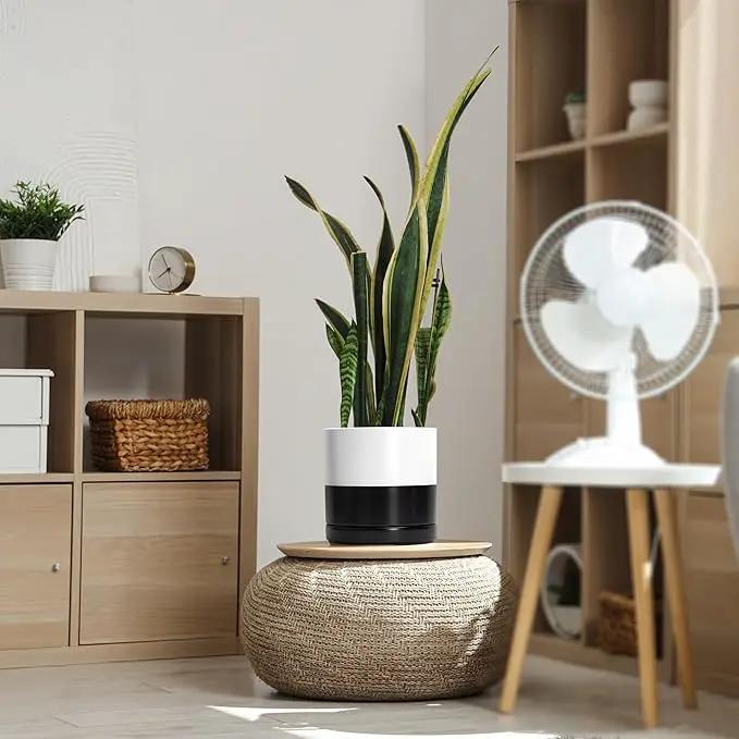 D'vine Dev 8.2 Inch Ceramic Planter Pot with Drainage Hole and Saucer, Indoor Cylinder Round Planter Pot, Layered Monochrome Black & White, 94-O-D-L by GreenHaven Gardens