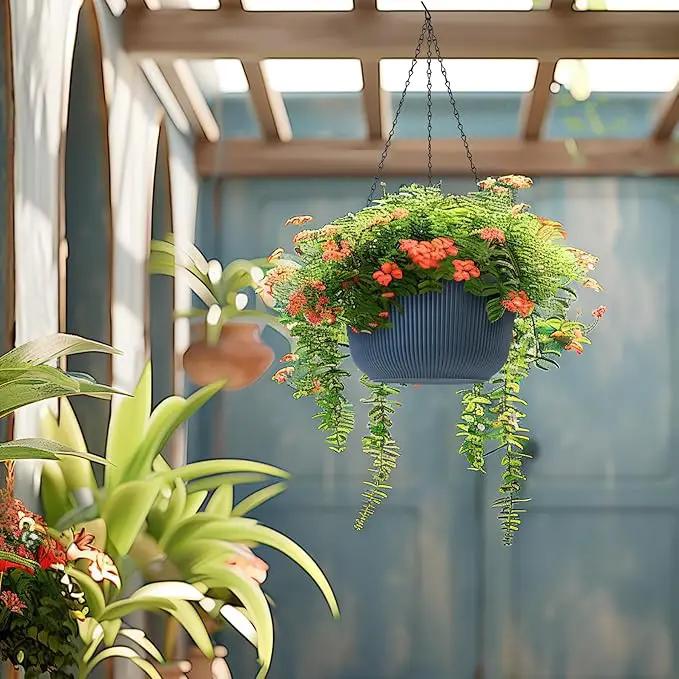 T4U 12 Inch Large Hanging Planters for Outdoor Plants, 2 Pack Self Watering Hanging Pots Indoor, Hanging Baskets for Plants,Hanging Flower Pot with Drainage Hole and Plant Hanger, Blue by GreenHaven Gardens