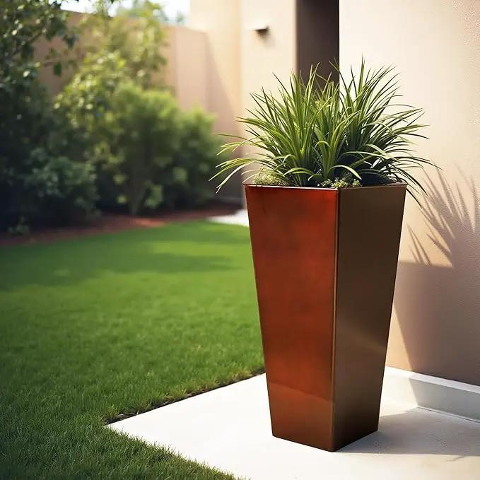 WORTH Garden 25" Large Metal Glazed Planter Set of 2, Luxurious Glossy Finish Red Tall Square Tapered Steel Plant Pots, Decor Flower Pot Indoor & Outdoor, Drainage Hole & Dual-Purpose Plant Saucer by GreenHaven Gardens