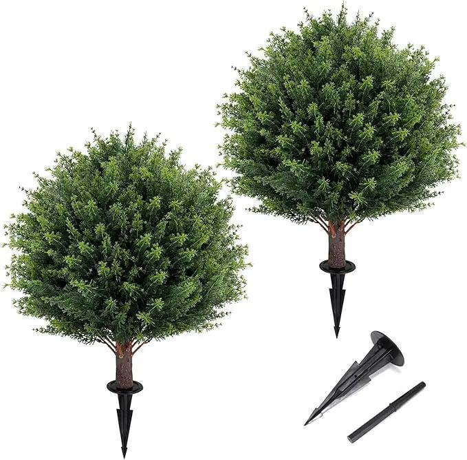 Artificial Cedar Topiary Ball Tree 23" with Ground Spike, Set of 2 Artificial Boxwood Bushes for Faux Shrubs, Fake Evergreen Faux Plant for Indoor Outdoor Porch Garden- UV Resistant – Fade-Proof by GreenHaven Gardens