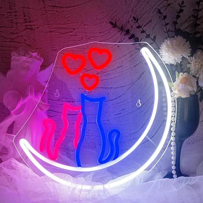 Two Cats on Moon Neon Sign,Cute Couple Kittys Neon Lights for Wall Decor,Kawaii Animal 3D LED Neon,USB Light Up Signs for Girls Bedroom Bar Home Party Valentine's Day Cat Lovers Weddings by GreenHaven Gardens