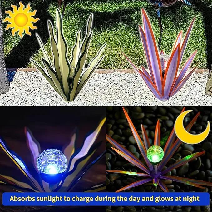 Metal Agave Plant Garden Art, 2 Pack Tequila Rustic Sculpture, Rustic Metal Agave Plants Garden Lawn Home Ornaments, for Yard Stakes, Garden Figurines, Outdoor Patio (2 PCS Purple with Light) by GreenHaven Gardens