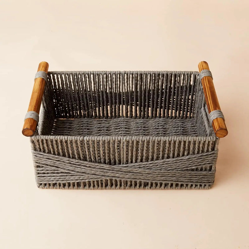 LA JOLIE MUSE Wicker Storage Baskets for Organizing, Recyclable Paper Rope Basket with Wood Handles, Decorative Hand Woven Basket Organizers for Makeup Books Shelves Living Room, Grey, Set of 2 by GreenHaven Gardens